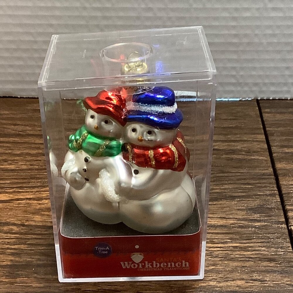 Vintage Trim-A-Tree Snowman Couple Glass Ornament Santa's Workbench 3.5" Holiday
